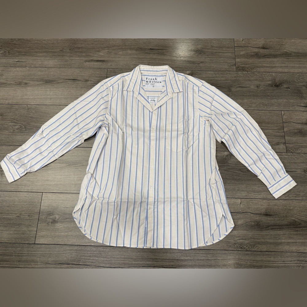 Frank & Eileen Boyfriend Cotton Button-Up Shirt Beige White Blue Stripe NEW SZ L